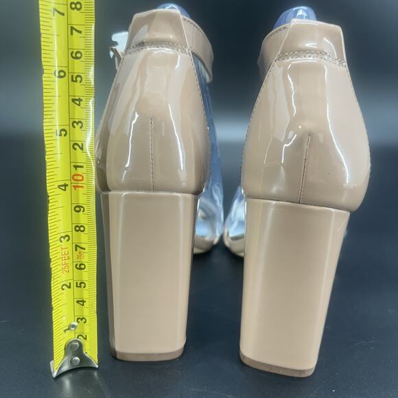 Nine West Abrah Womens 8.5 Tan Nude Patent Leather Ankle Strap Open Toe Sandals - Picture 2 of 9
